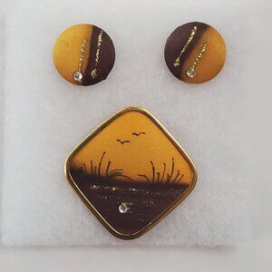 Signed Vintage UHLIG From Germany Hand Painted Silk Brooch and Earring Set